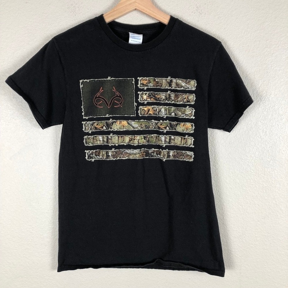 American Flag Camo Shirt Adults Small Black Camo Pre Shrunk Cotton USA Flag